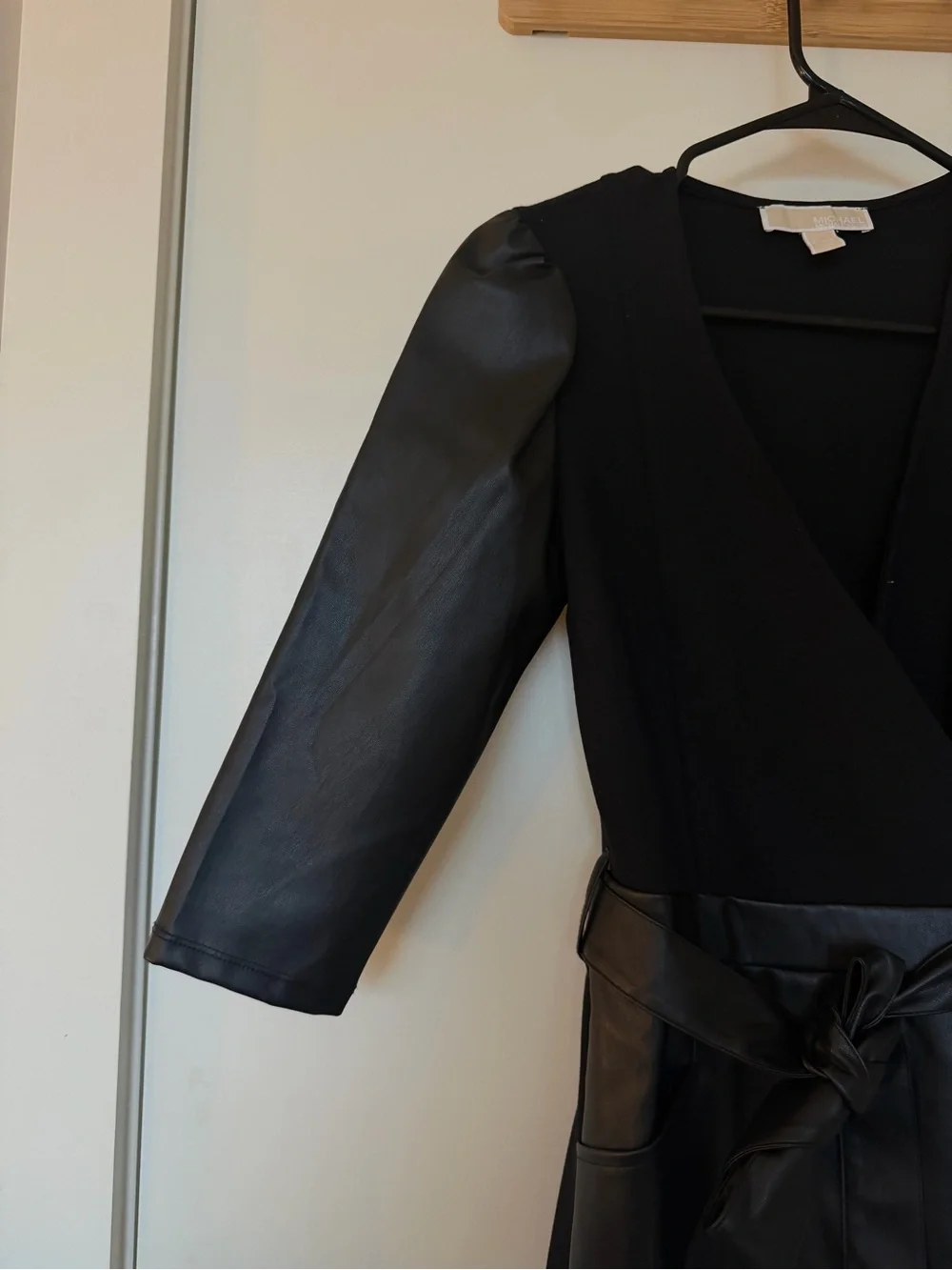 Micheal Kors Black Faux Leather Sleeve Wrap Dress with Belt - Petite